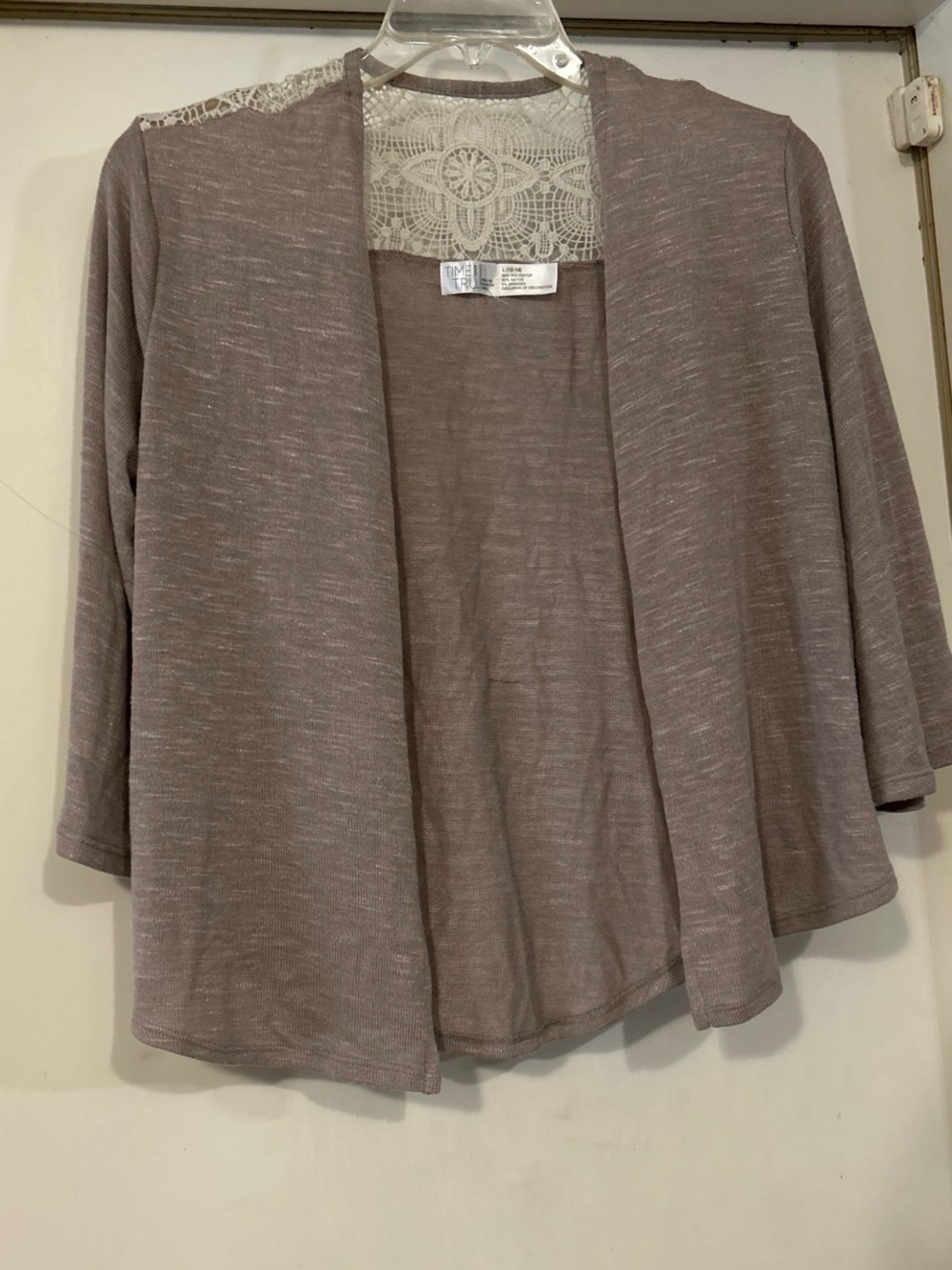 Time and Tru Open-Front Lace-Back Cardigan - Taupe